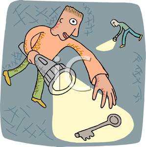 Clipart Image Of Two Men Using Flashlights To Search For A Key
