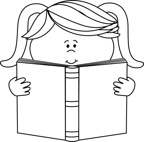 Black And White Little Girl Reading A Book Clip Art   Black And White