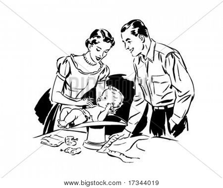 Mom And Dad Weighing Baby   Retro Clip Art Stock Vector   Stock Photos