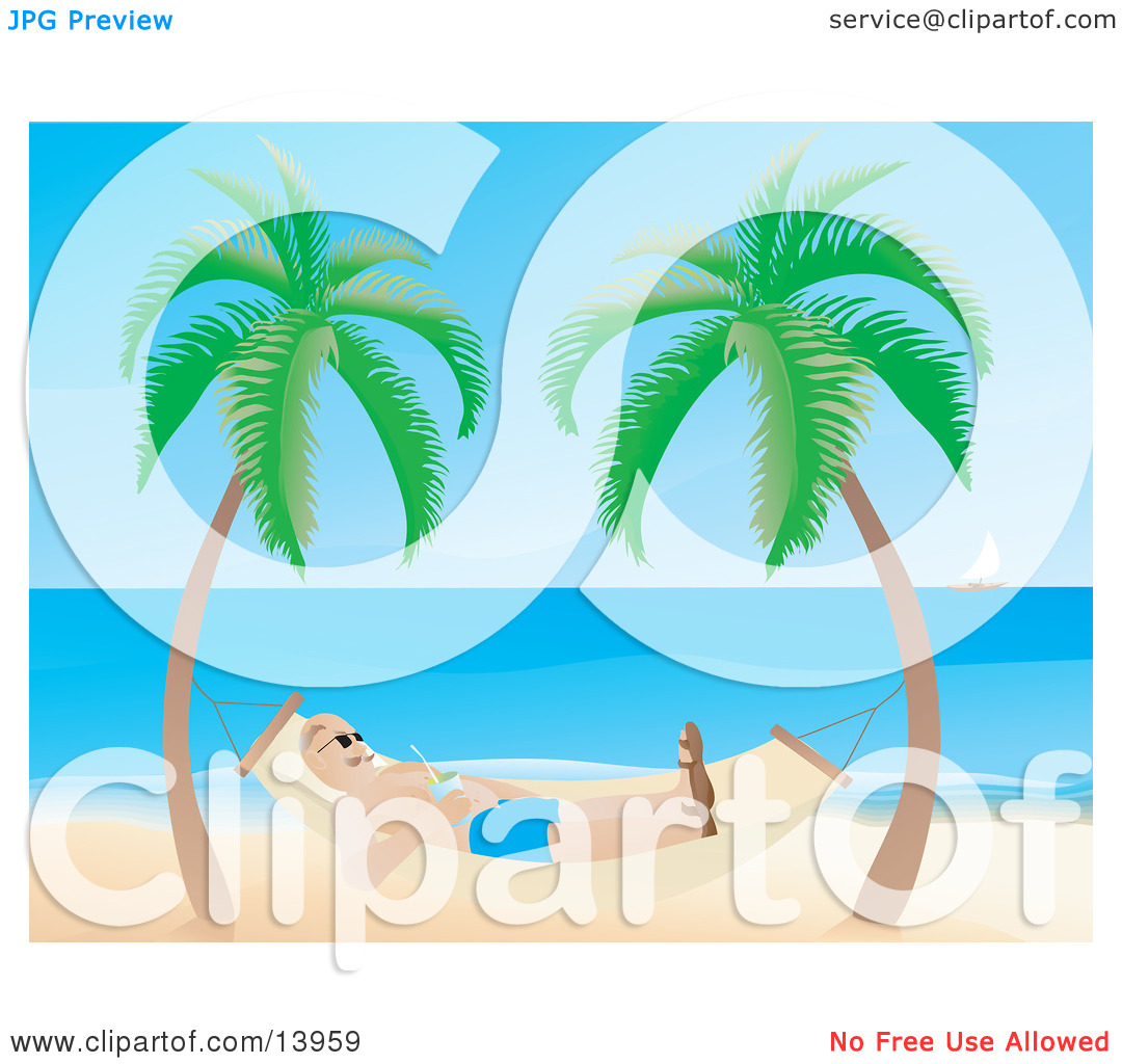 Man Relaxing In A Hammock On A Tropical Beach Clipart Illustration By