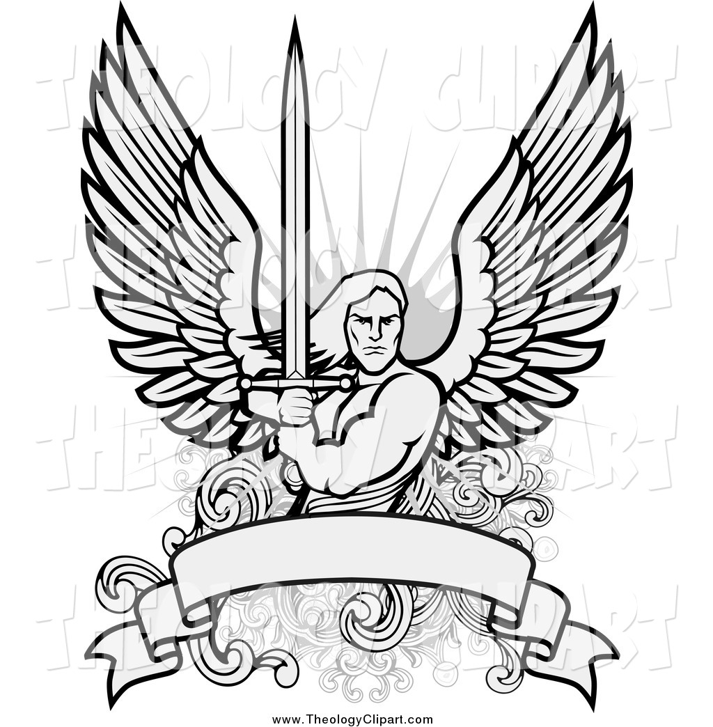     Clip Art Of A Warrior Angel Holding A Sword Over A Blank Banner By
