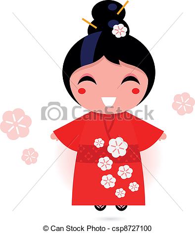 Clipart Of Japanese Geisha Girl In Red Kimono Isolated On White   Cute