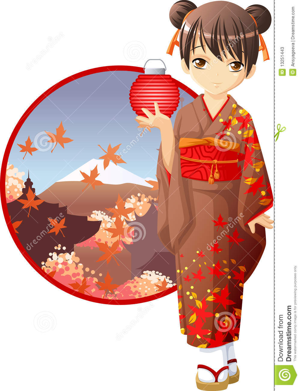Cute And Kawaii Autumn Kimono Girl At Anime Style 