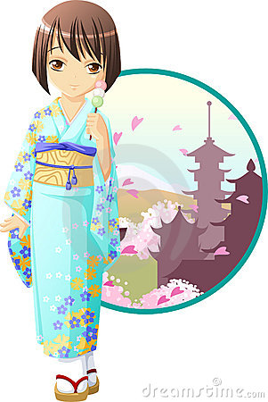 Cute And Kawaii Spring Kimono Girl At Anime Style