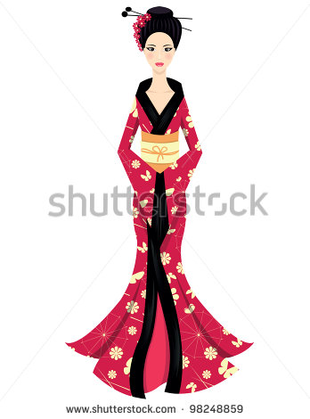 Cute Asian Girl Character On Scarlet Kimono   Stock Vector