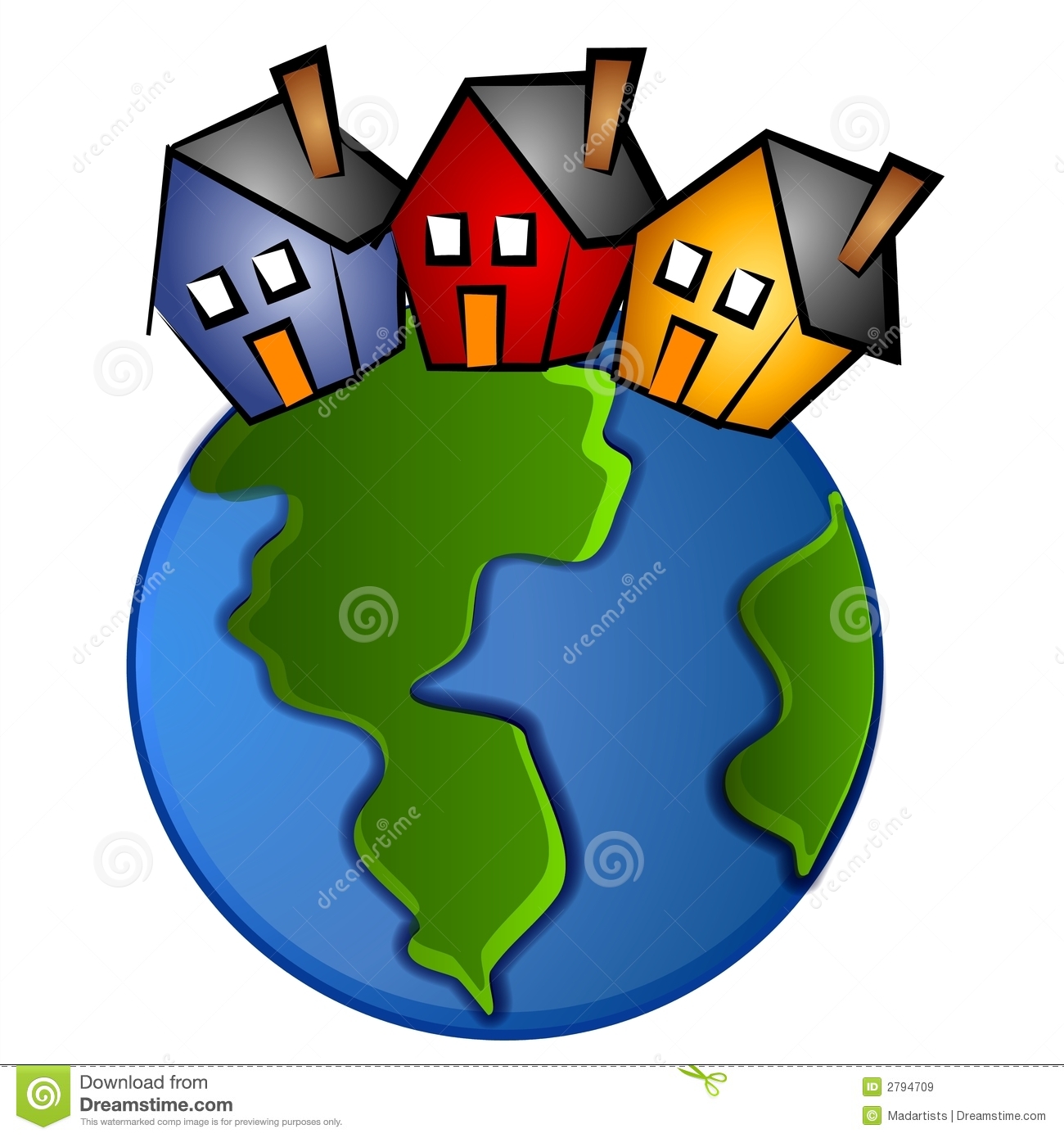 Clip Art Illustration Of The Earth With 3 Houses On Top