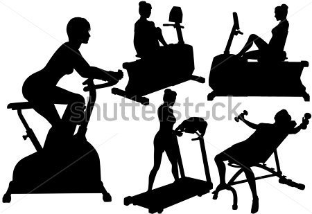 Fitness Silhouette Women In Exercise Gym Work Out On Treadmill Bike