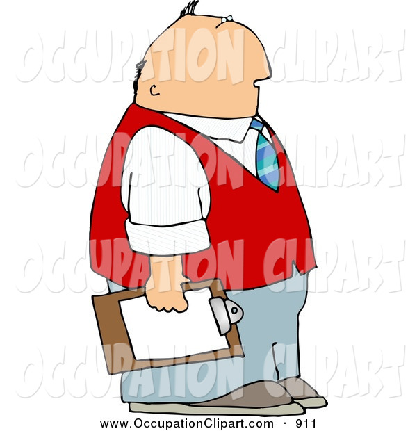 Clip Art Of A Caucasian Chubby Male Store Manager Holding A Clipboard