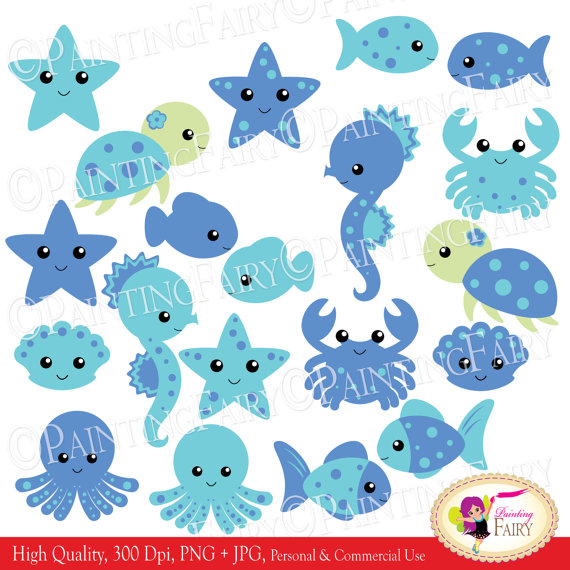 Instant Download Clipart Cute Under The Sea Animals Fish Turtle