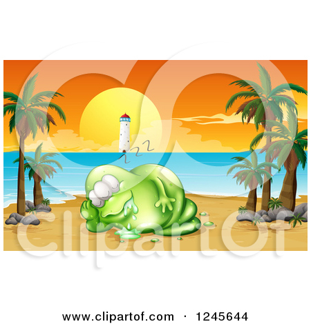 Clipart Of A Green Monster Drooling And Sleeping On A Beach At Sunset