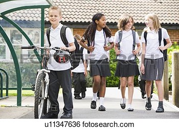 Stock Image   Students Leaving School One With A Bicycle  Fotosearch