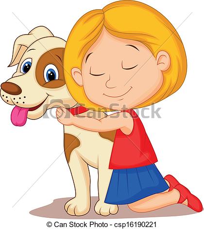 Vector Illustration Of Lovely Cartoon Little Girl Hugging Pet Dog With