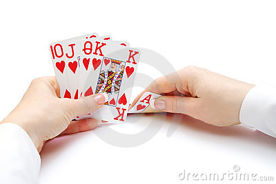 Woman Hands Holding Cards With Royal Flush Poker Combination
