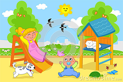 Playground  Cartoon Illustration Of A Young Girl And A Cute Toddler