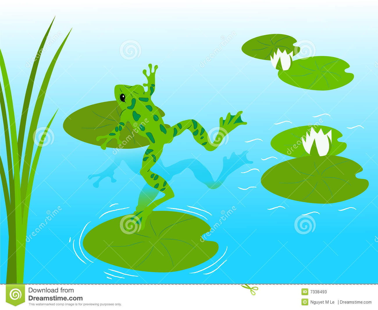 Green Frog With Water Lilies Clipart