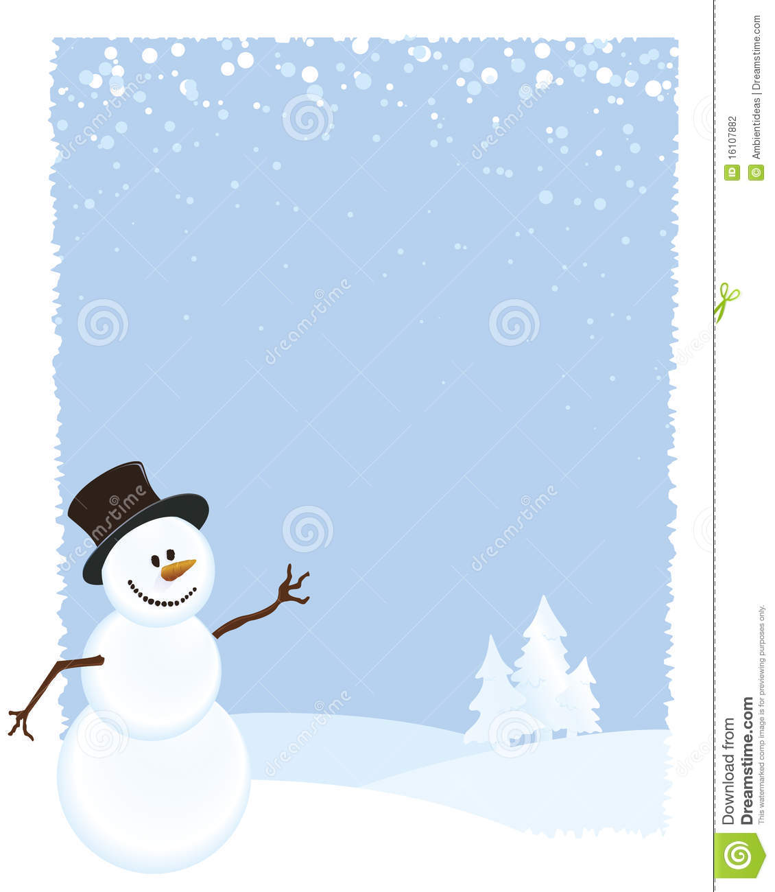 Snowman On Blue Winter Scene Background With Shaded Snow Covered Trees