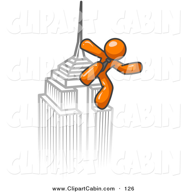 An Orange Businessman Climbing To The Top Of A Tall Skyscraper Tower