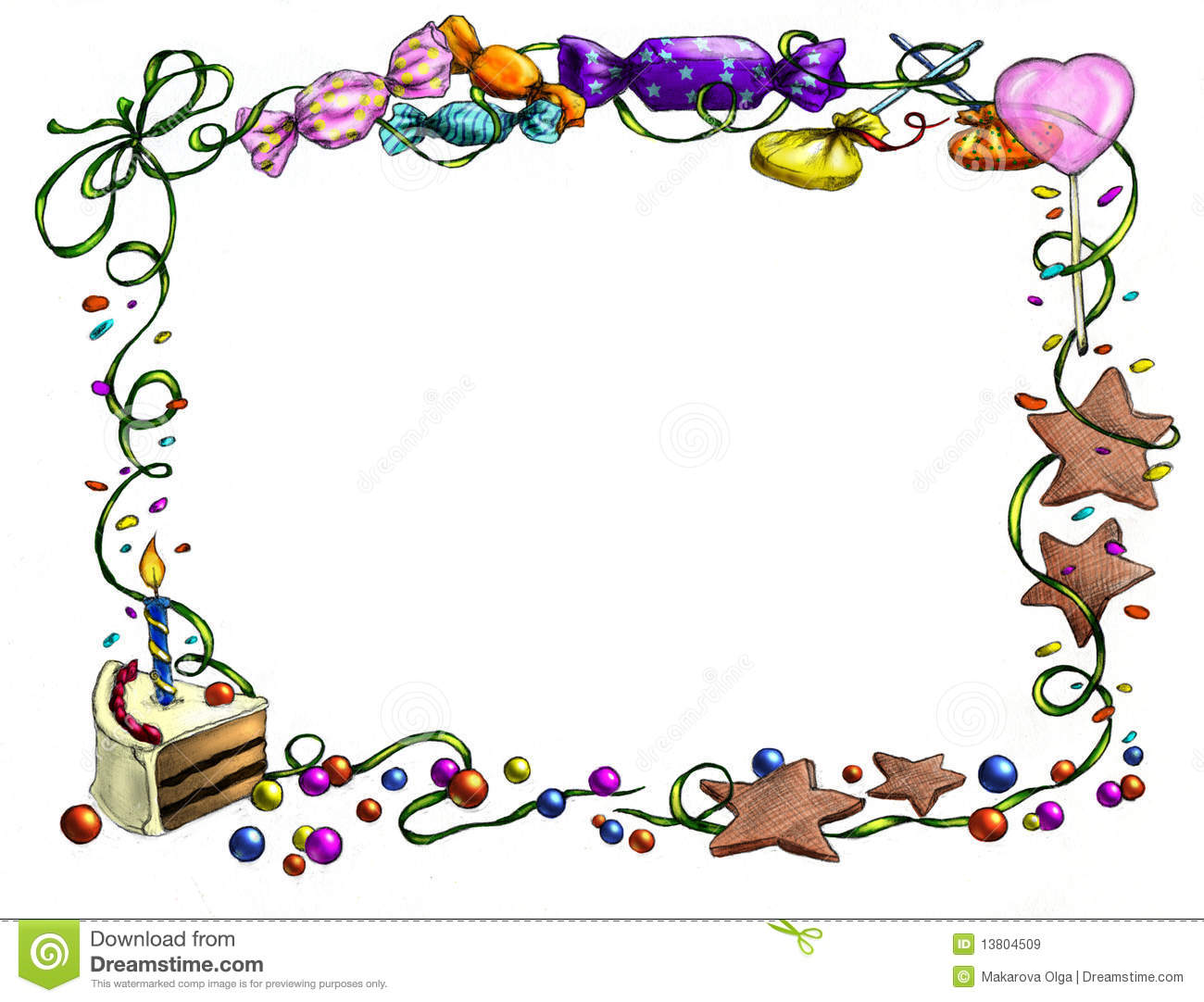 Frame Of Sweets Berries Ribbons And A Piece Of Birthday Cake Pencil