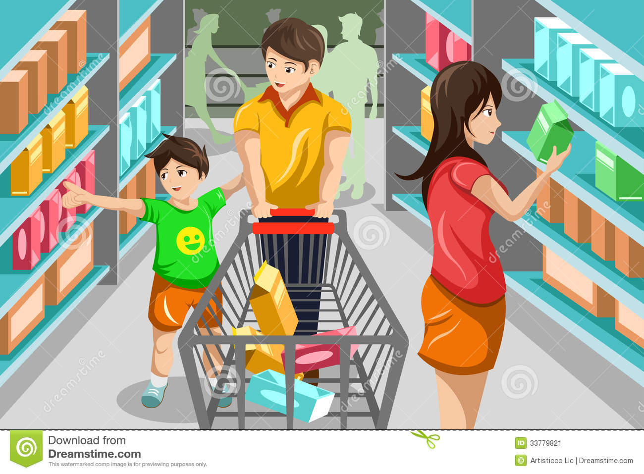 Vector Illustration Of Happy Family Grocery Shopping In Supermarket