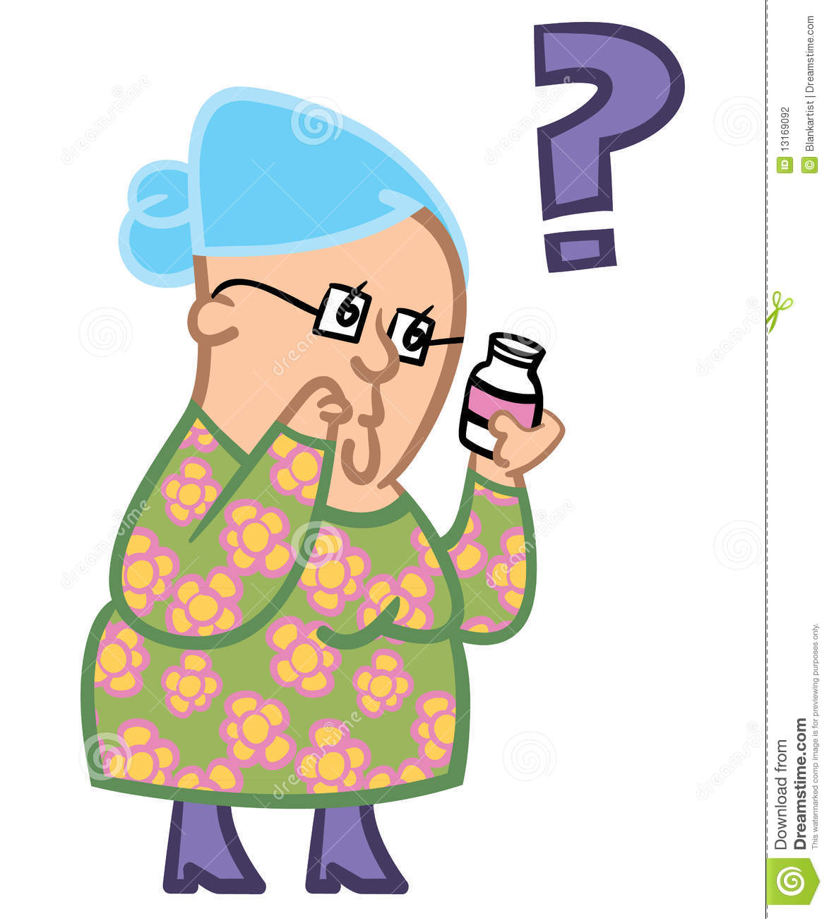 Cartoon Of An Elderly Lady Confused About Her Medication 