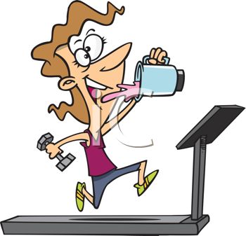 Cartoon Of A Woman Working Out On A Treadmill Drinking A Protein Shake
