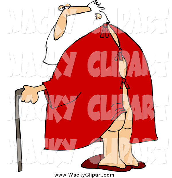 Clipart Of Santa In An Open Backed Hospital Gown Walking With A Cane    