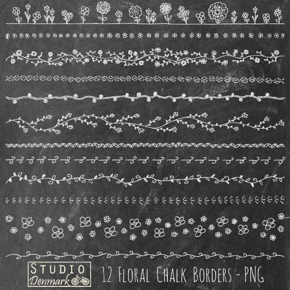 Floral Borders Chalkboard Clipart Set   Commercial Use   12 Hand