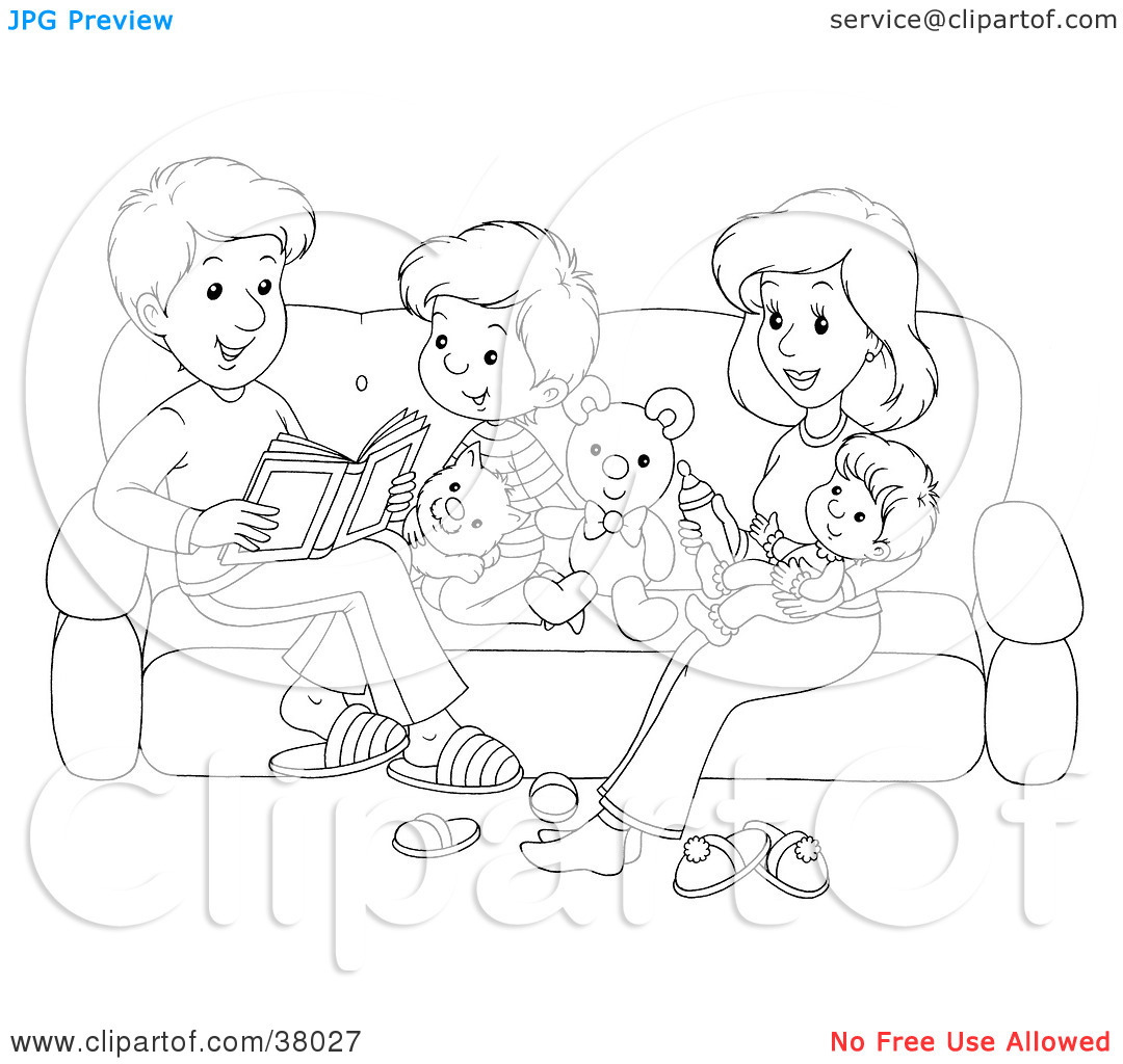 Clipart Illustration Of A Black And White Outline Of A Happy Family
