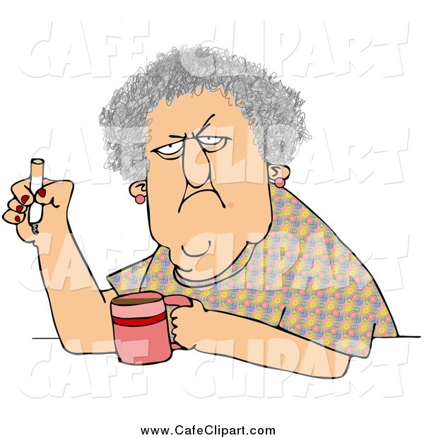 Cartoon Clip Art Of A Grumpy Old Lady Smoking A Cigarette Over Coffee