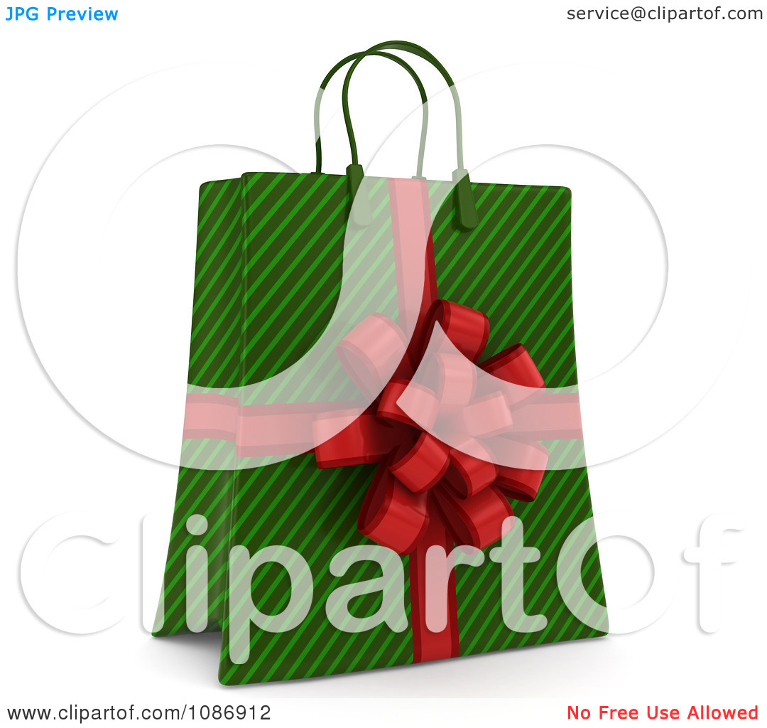 Clipart 3d Green Stripe Christmas Gift Or Shopping Bag With A Red Bow