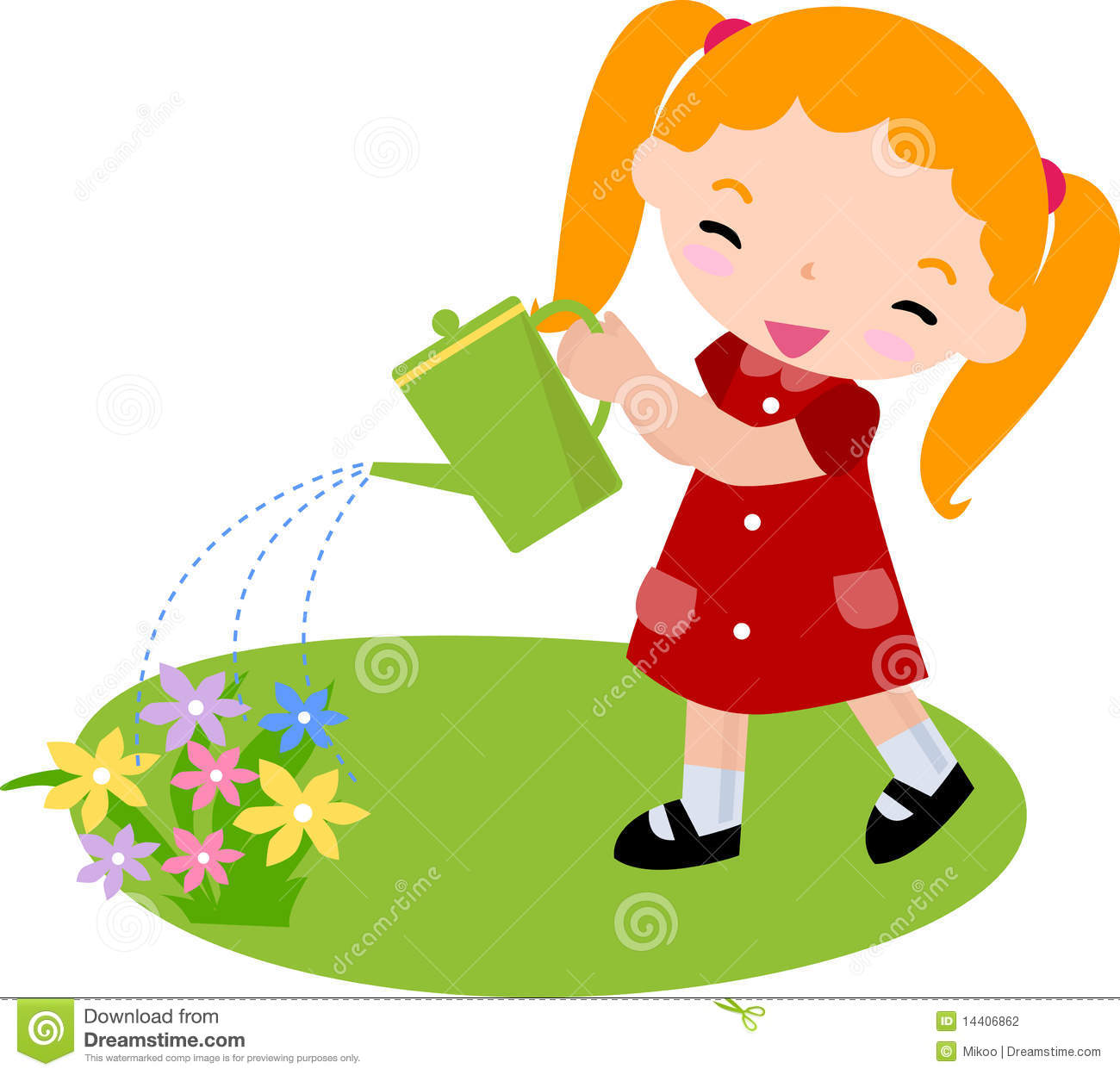 Cute Little Girl Watering Flowers  Illustration Art