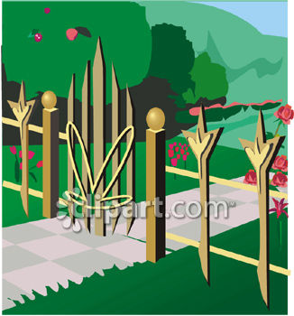 Fancy Wrought Iron Gate With A Path Leading Into A Garden Royalty Free
