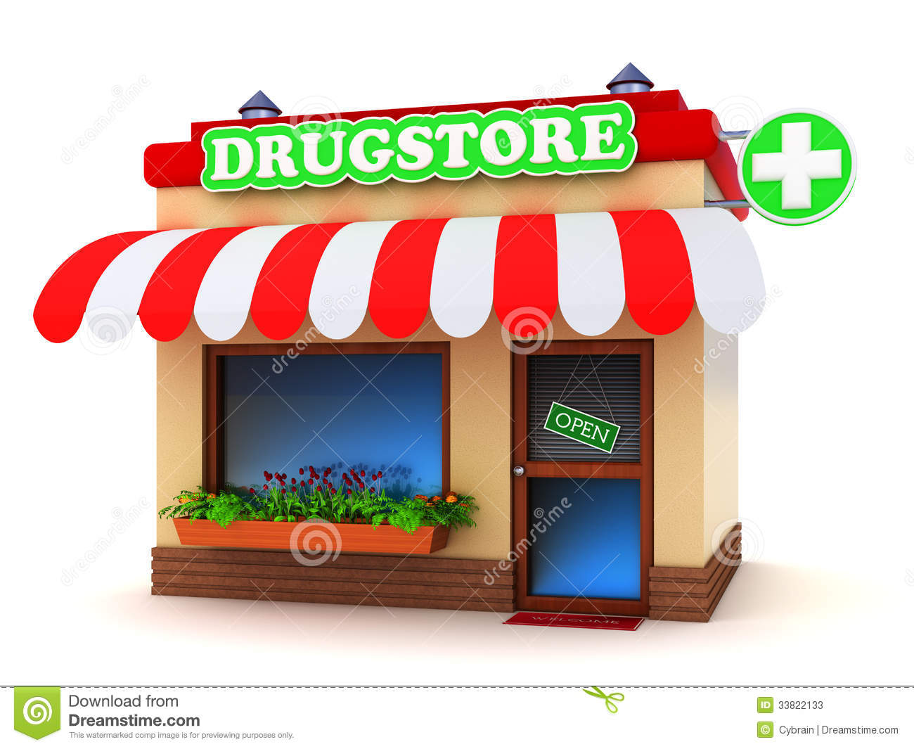 Pharmacy Building With A Green Cross Sign On White Background