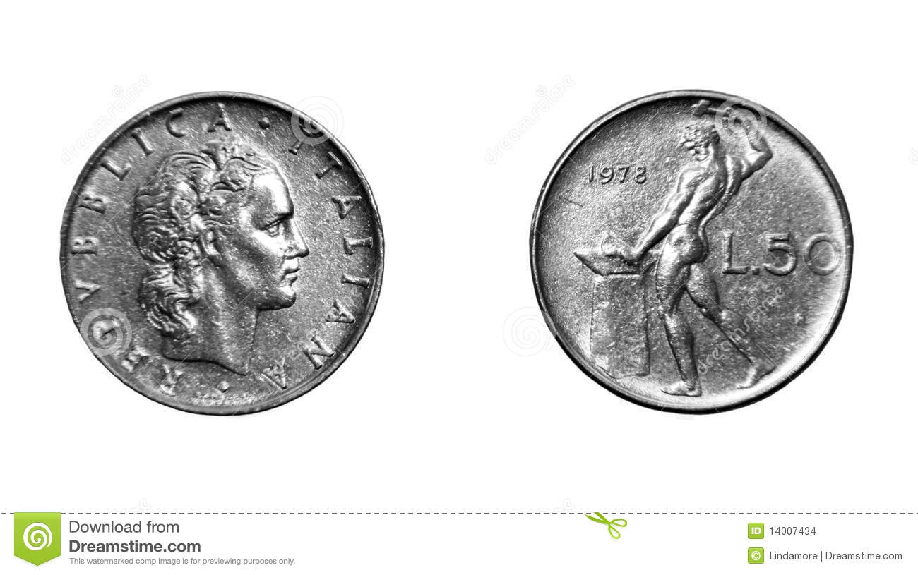 Front And Back Of One Italian Lira Coin Displayed On White Background