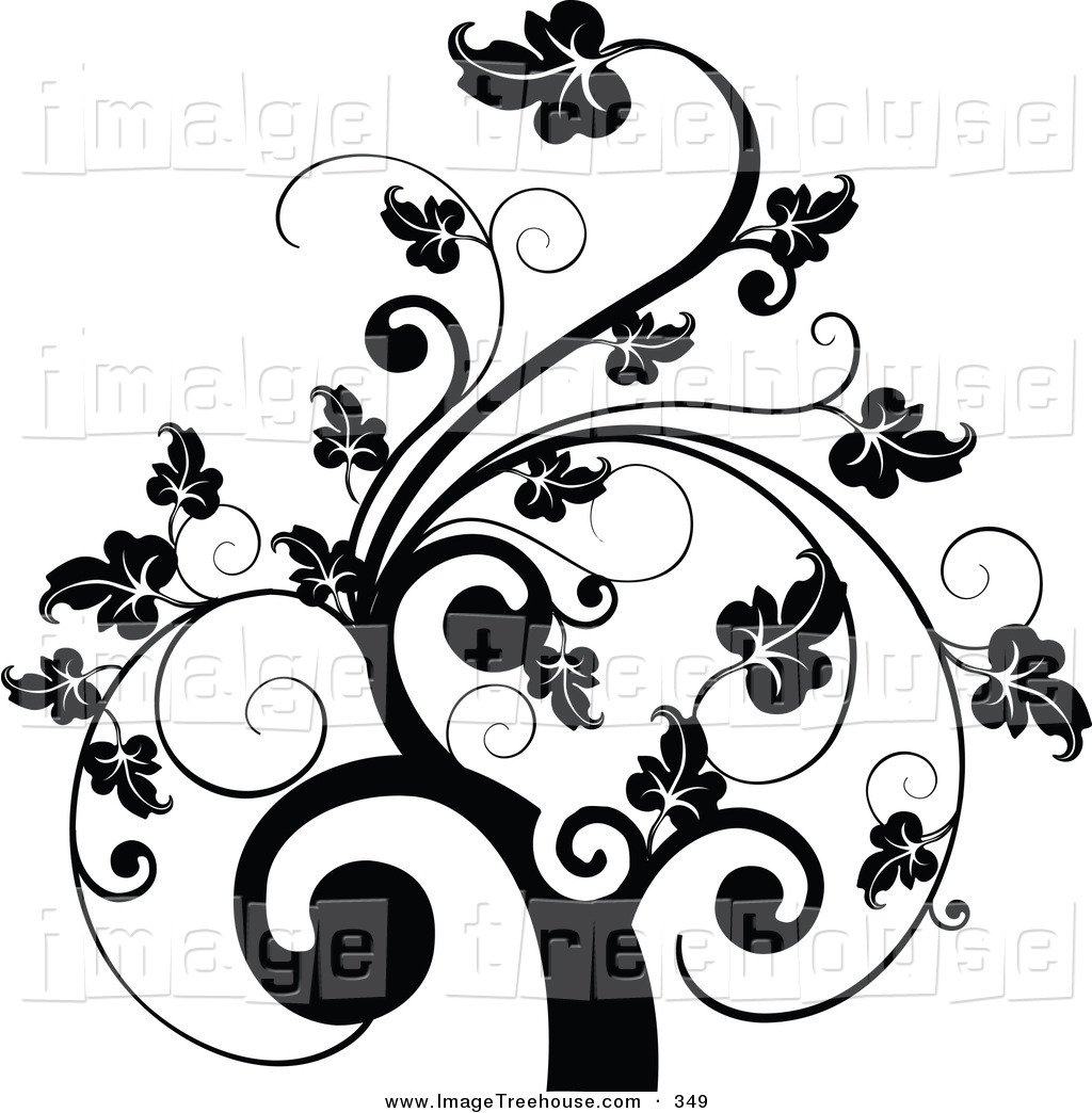 Clipart Of A Black And White Leafy Scroll Tree Design On White By    