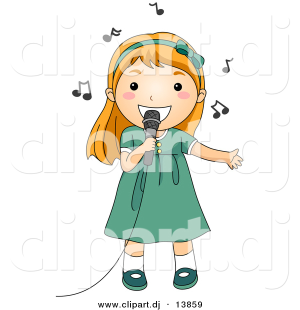 Cartoon Vector Clipart Of A Girl Singing Into A Microphone With Music