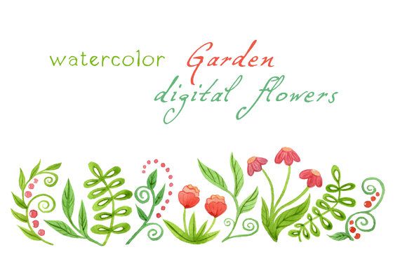 Digital Clipart Watercolor Flowers Watercolor Garden Floral Border