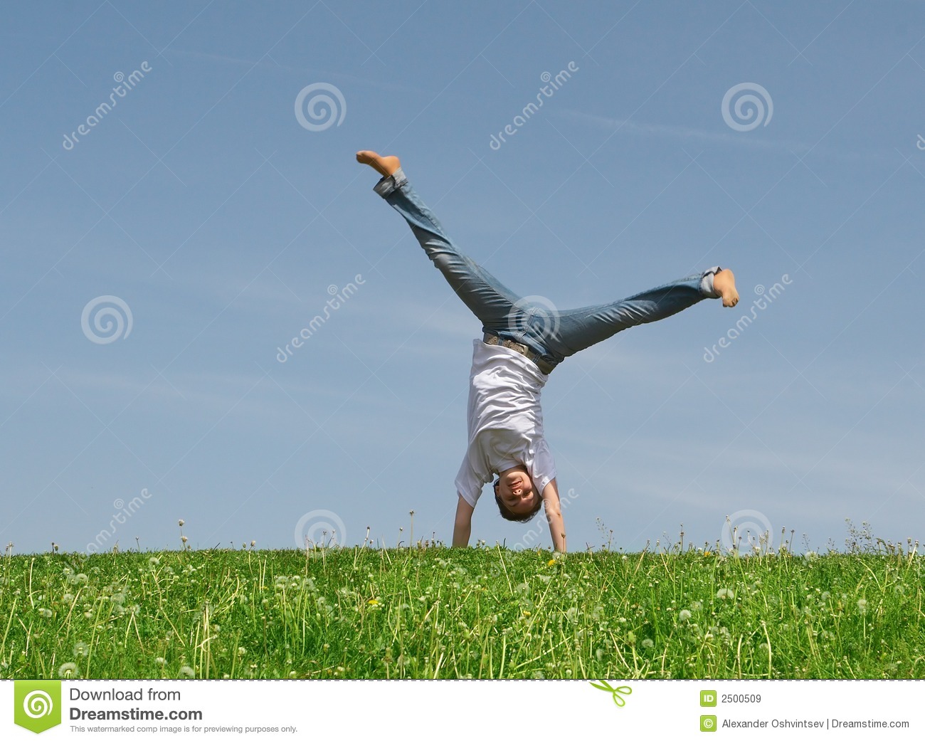 Young Pretty Girl Somersaults On A Green Grass On A Background Of The