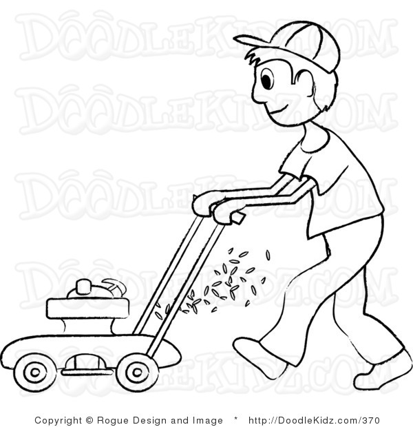 Art Illustration Of A Teenage Boy Mowing The Lawn In Black And White
