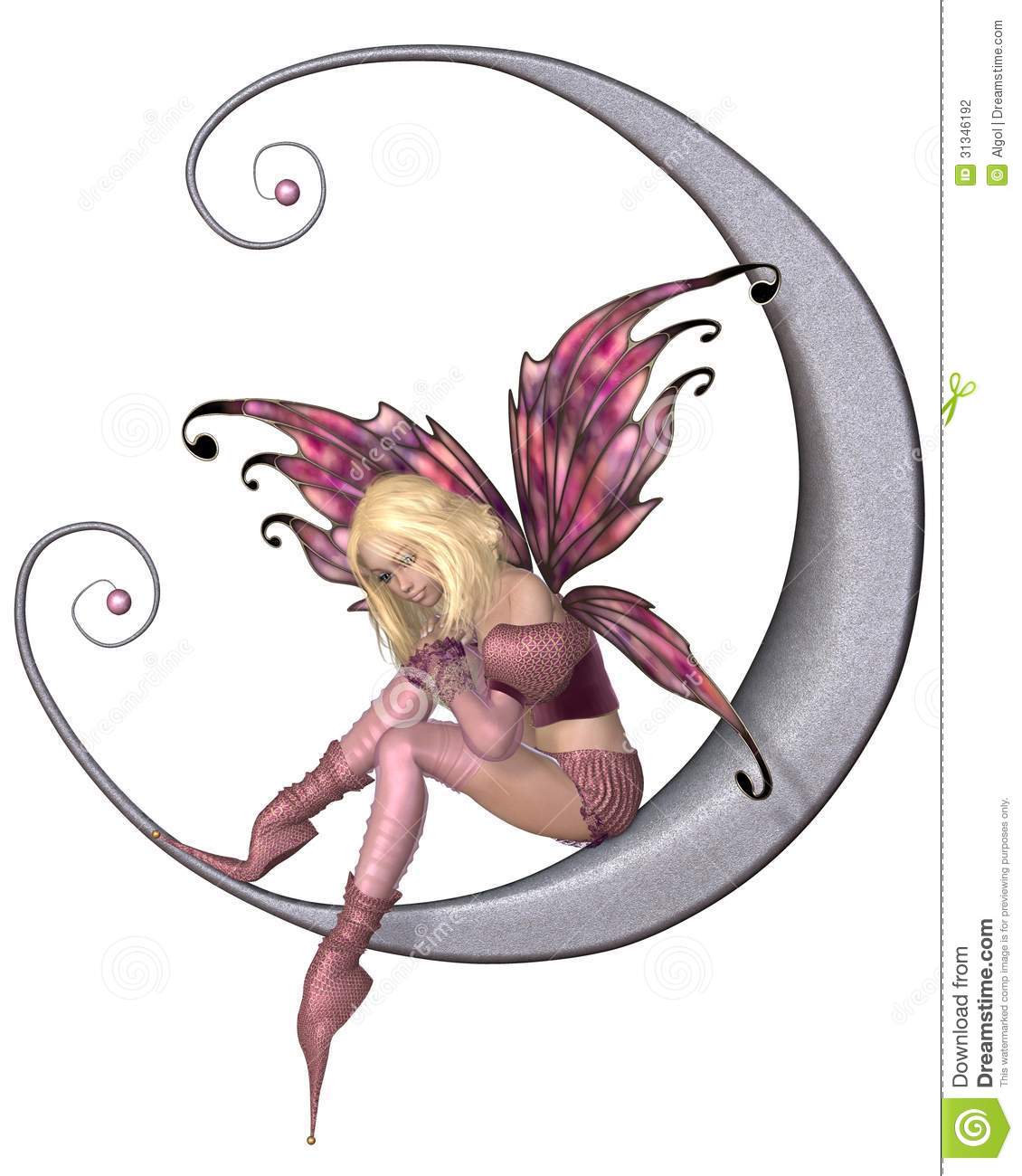 Fairy Dressed In Pink Sitting On A Silver Moon 3d Digitally Rendered    