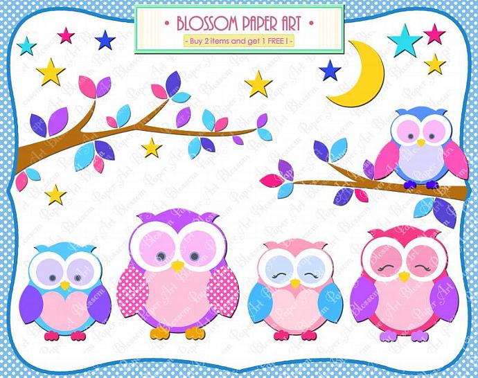 Owls Clipart   Printables   Pink Light Blue Violet   Branches   Moon