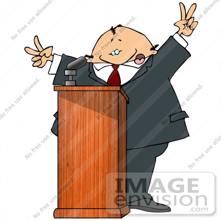 Silly Man At A Podium Giving A Passionate Public Speech And Gesturing