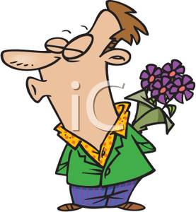 Silly Man Wearing Colorful Clothes Holding Purple Flowers Behind