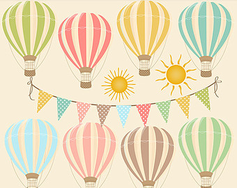 Clipart Digital  Hot Air Balloons With Bunting Banner Sun Clipart    