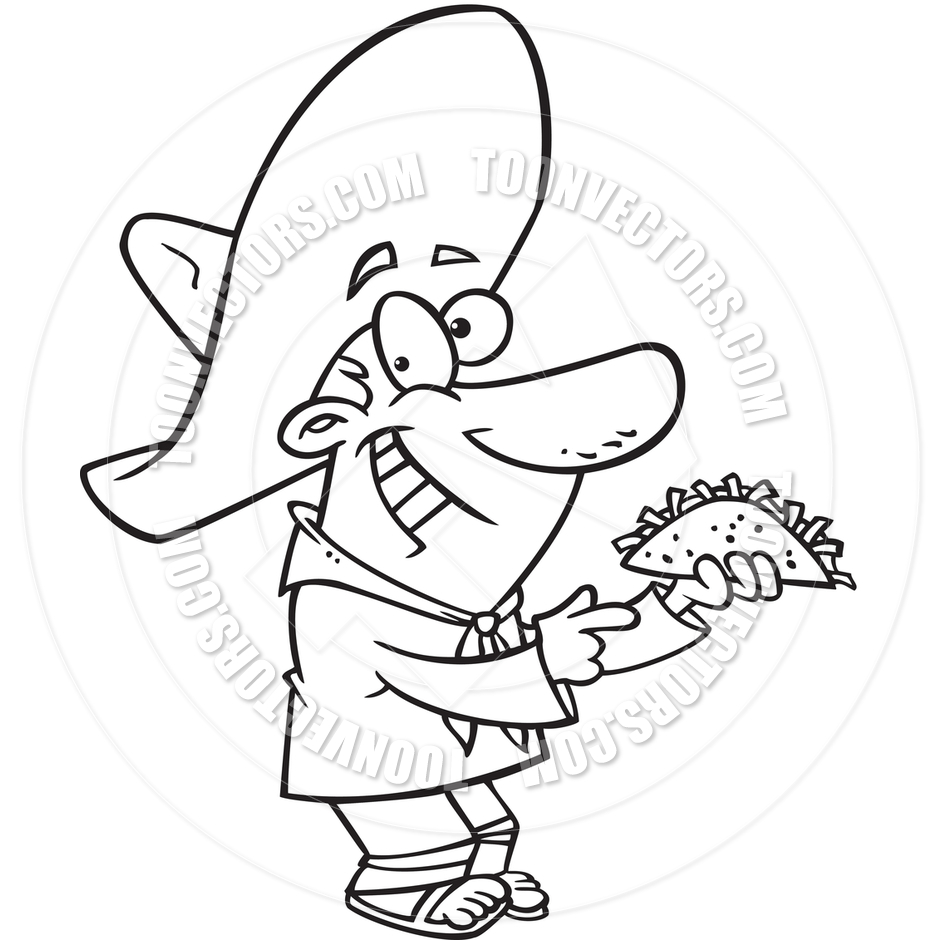 Cartoon Mexican Man With Taco  Black And White Line Art  By Ron
