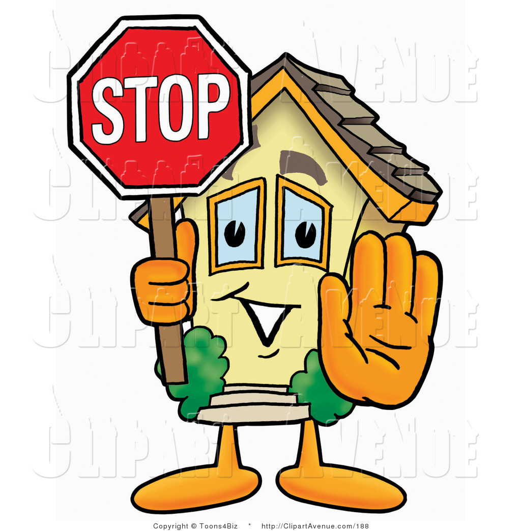 Avenue Clipart Of A Home Mascot Cartoon Character Holding A Stop Sign
