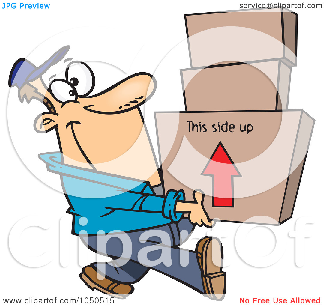 Art Illustration Of A Happy Mover Man Carrying Boxes By Ron Leishman