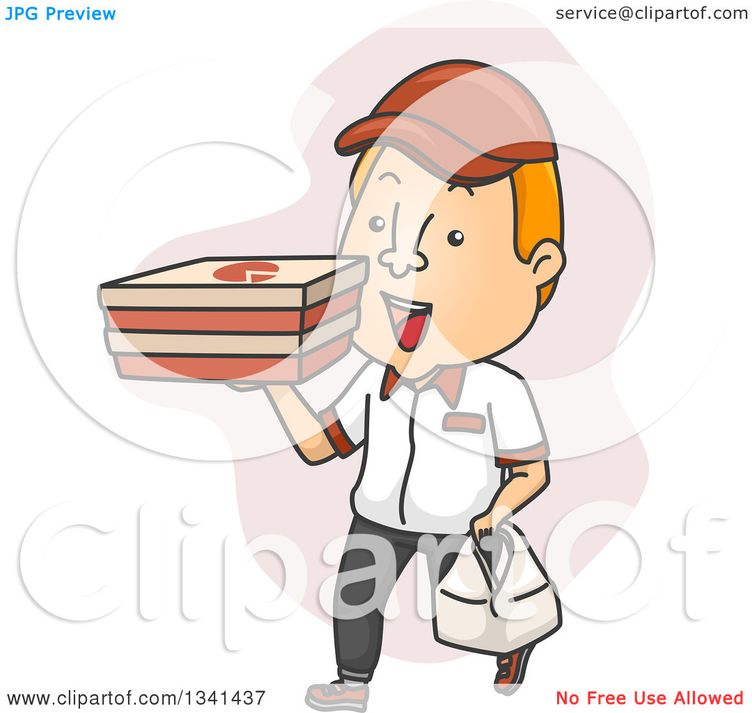 Clipart Of A Cartoon White Male Pizza Delivery Man Carrying Boxes And