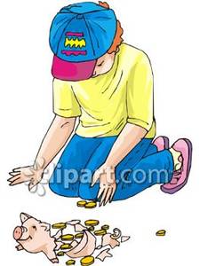 Counting The Money In His Broken Piggy Bank Royalty Free Clipart