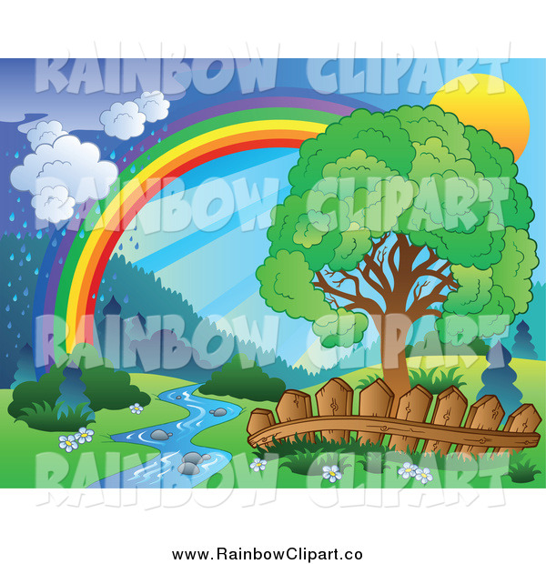     Art Of A Spring Landscape With A Tree Creek Fence Rainbow And Rain